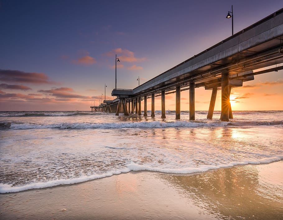 beach, dawn, dusk, ocean, pier, sand, sea, seashore, sky, sun HD wallpaper
