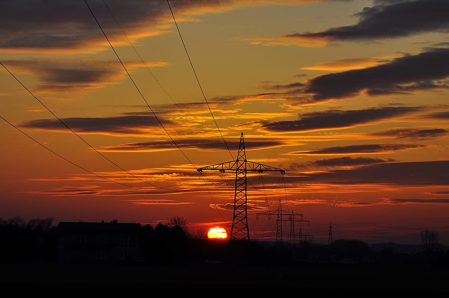 sunset, evening mood, clouds, sky, electricity, cable, technology HD wallpaper