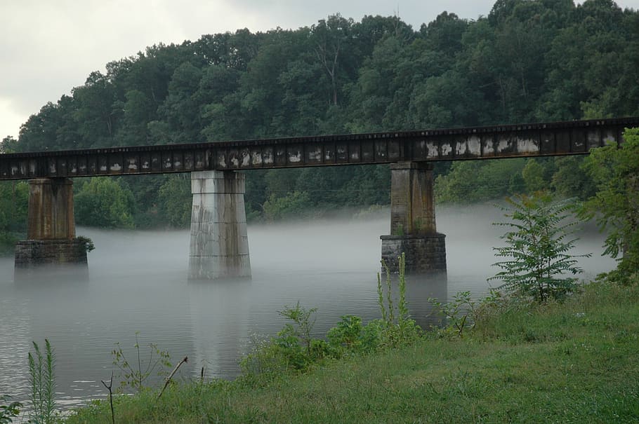 bridge, railroad trestle, river, tennessee, fog, mountains, HD wallpaper