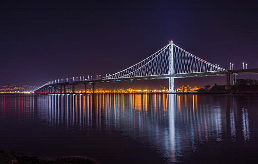 Oakland Bridge, Oresund Bridge, Denmark, night, dark, water, lake HD wallpaper