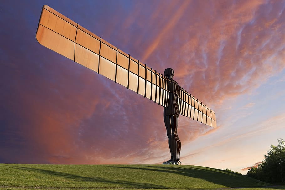 brown statue on hill during daytime, angel of the north, sky, HD wallpaper