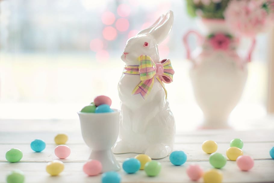 white ceramic rabbit figurine, easter, bunny, candy, pink, pastels HD wallpaper