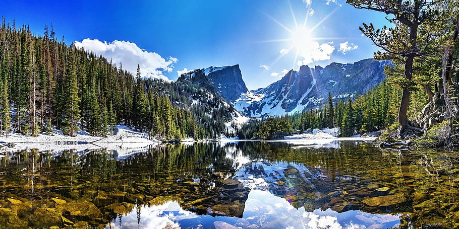 lake near snow coated mountain during daytime, landscape, scenic HD wallpaper