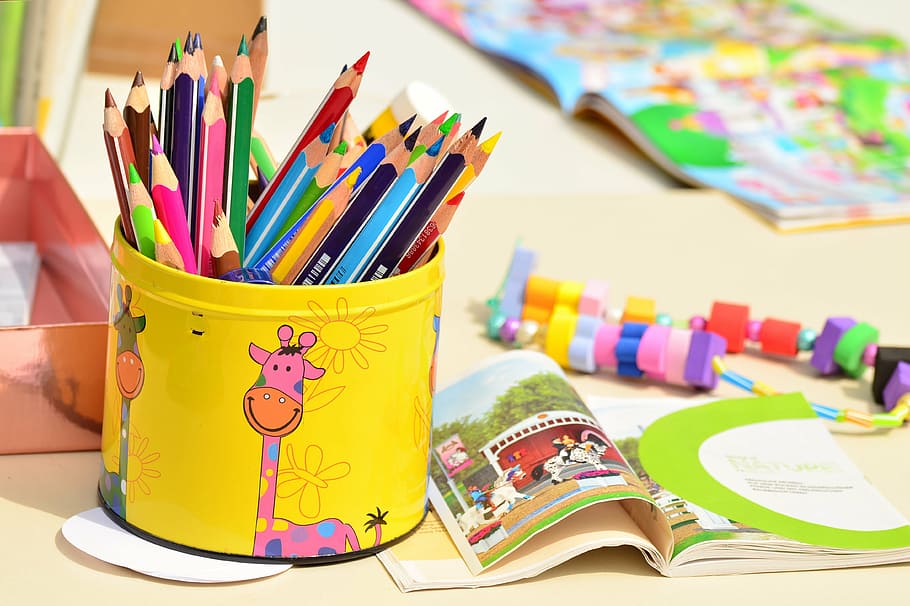 photo of coloring pencils on yellow container, colored pencils, HD wallpaper