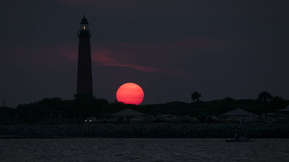 silhoutte photography of tower during golden hour, lighthouse HD wallpaper