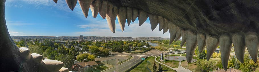 green leafed trees, dinosaur, drumheller, observation deck HD wallpaper
