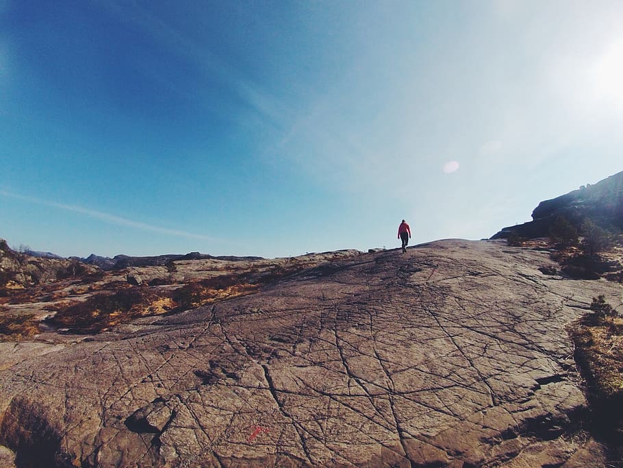 Man from Afar on Brown Land, adventure, hiker, hill, mountain