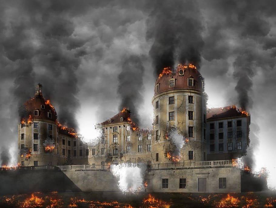 gray and brown concrete building with fire, destruction, apocalypse, HD wallpaper
