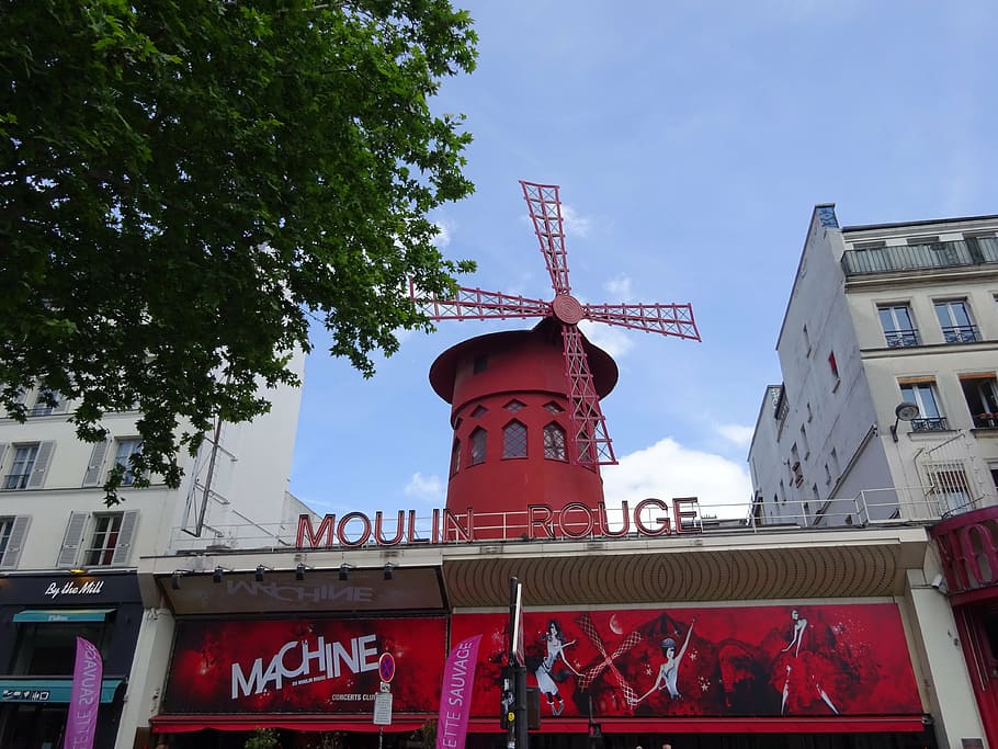 moulin rouge, paris, france, red mill, architecture, tree, built structure, HD wallpaper