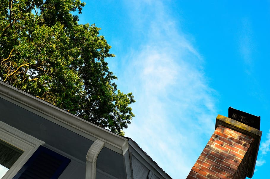 house, home, up, sky, tilt, roof, trees, tilt photography, blue sky HD wallpaper