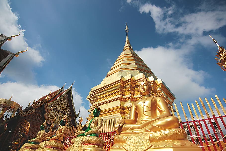 thailand, temple, doré, buddha, religious, sky, buddhist, asia, HD wallpaper