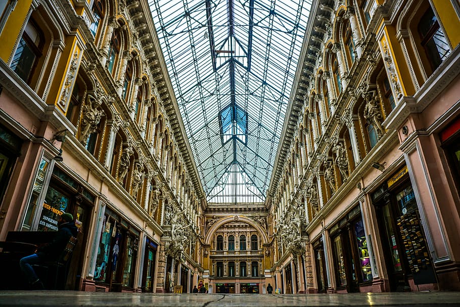 architecture, building, ceiling, indoors, perspective, built structure HD wallpaper