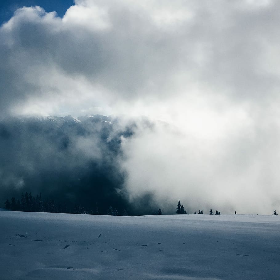 cloudy mountain taken at daytime, snowy mountain under white clouds HD wallpaper