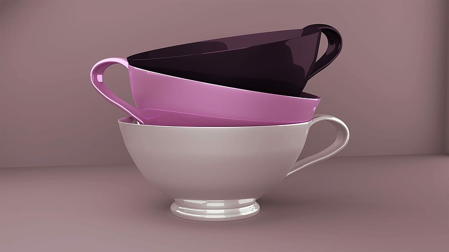 three ceramic cups, pot, kitchen utensil, background, tableware HD wallpaper