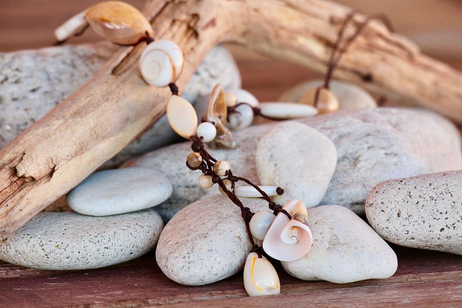 seashell ornament on gray stones, necklace, shells, sassi, wood HD wallpaper