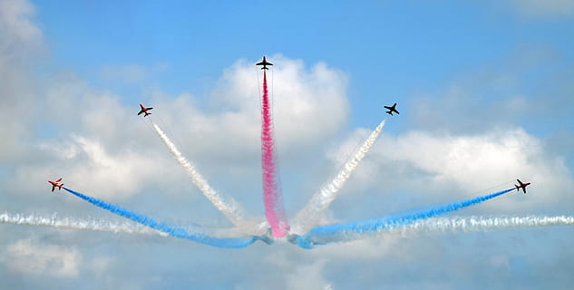 five assorted-color airplane sky show during daytime, airplane show living colored smoke trail at daytime HD wallpaper