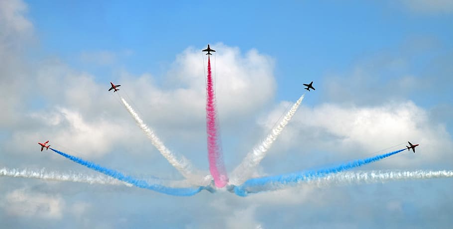 five assorted-color airplane sky show during daytime, airplane show living colored smoke trail at daytime HD wallpaper