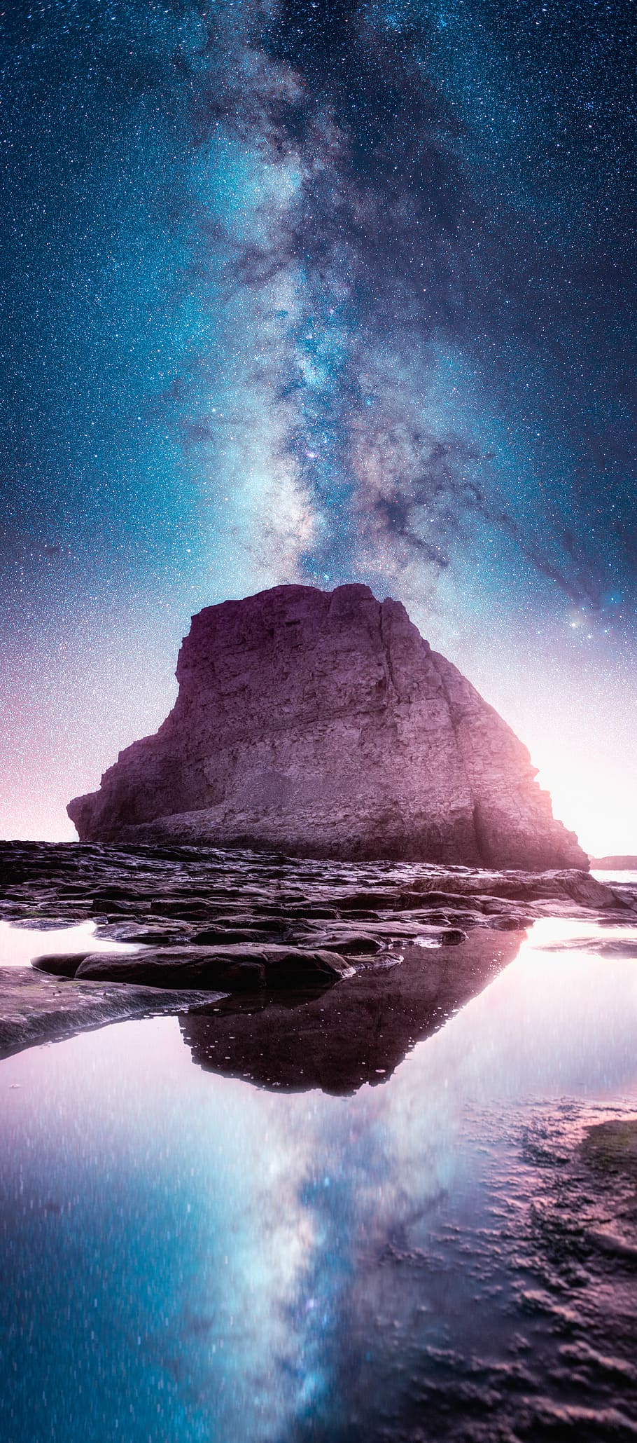 landscape photography of body of water near rock mountain under stargazer, rock formation under blue sky HD wallpaper