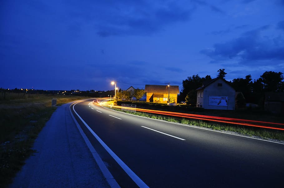 auto, night, lights, road, dark, vehicle, dazzle, tracer, sky HD wallpaper