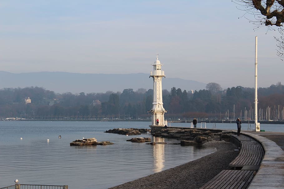 lighthouse, sea, reflection, coast, water, sky, built structure HD wallpaper