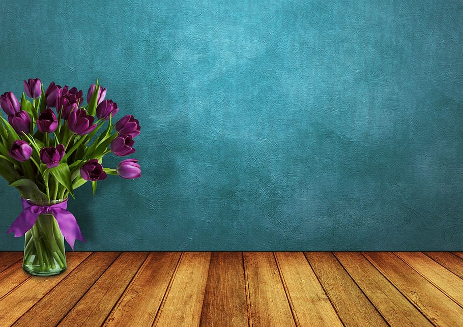 purple tulips on clear glass vase, space, wood, wall, flowers