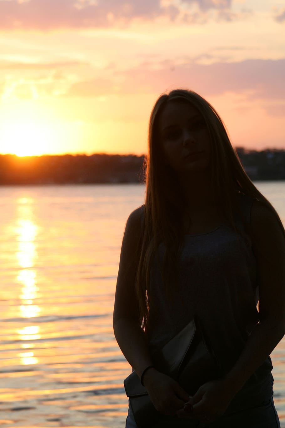 sunset, girl, light, people, beauty in nature, river, shadow HD wallpaper