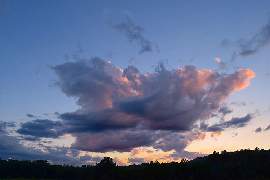 clouds, sky, sunset, field, nature, landscape, mountain, trees HD wallpaper
