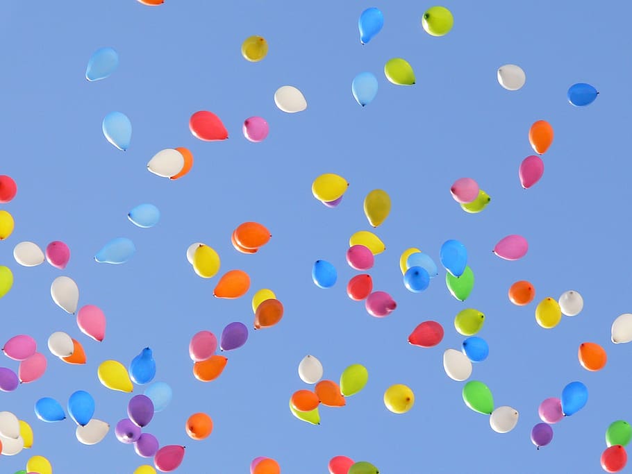assorted-color balloons, sky, multi colored, large group of objects HD wallpaper