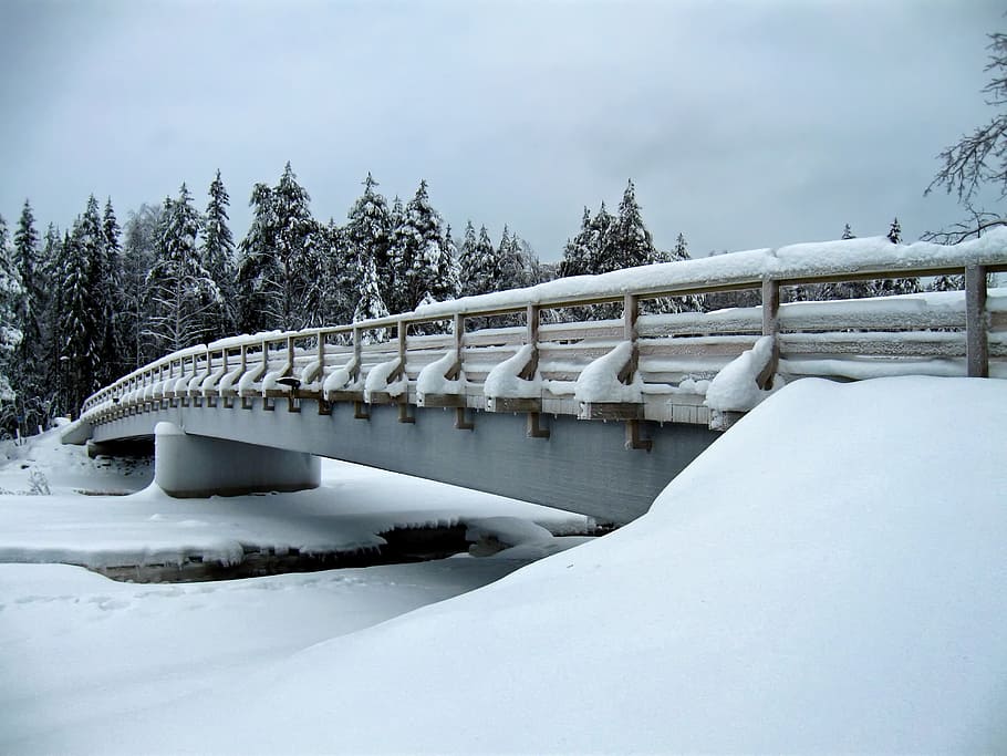 Finland, Bridge, Stream, River, Water, architecture, winter HD wallpaper