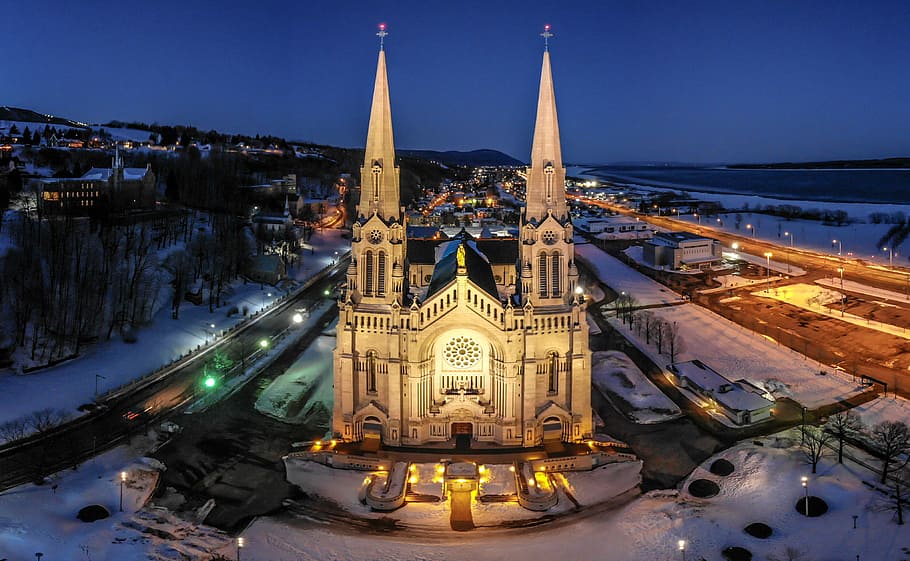 aerial photography of cathedral during blue hour, gray concrete church HD wallpaper