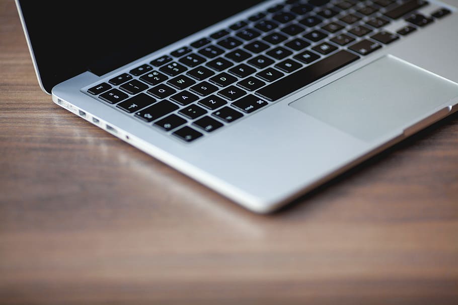 silver laptop computer on wooden table, apple, macbook, browser HD wallpaper