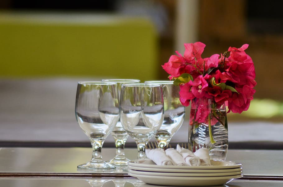 dishes, glasses, table, plates, cutlery, bougainvilleas, west indies HD wallpaper