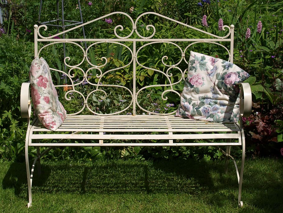 bench, seat, garden, plant, day, grass, nature, front or back yard HD wallpaper