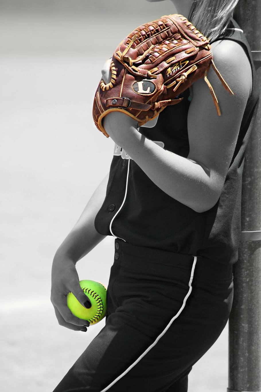 woman holding baseball mitt and ball, girl, player, glove, recreation