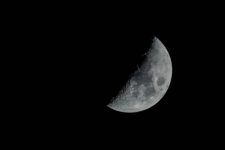quarter moon, crescent, lunar, craters, surface, telescope, magnification