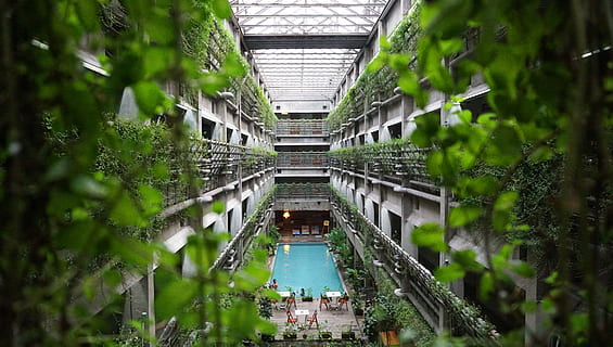 person on pool inside building, Hotel, Architecture, Modern, Design HD wallpaper