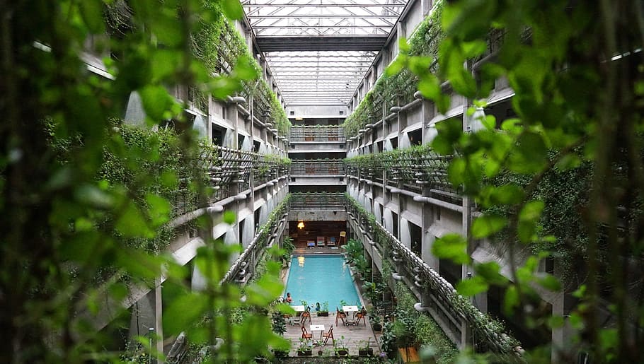 person on pool inside building, Hotel, Architecture, Modern, Design HD wallpaper