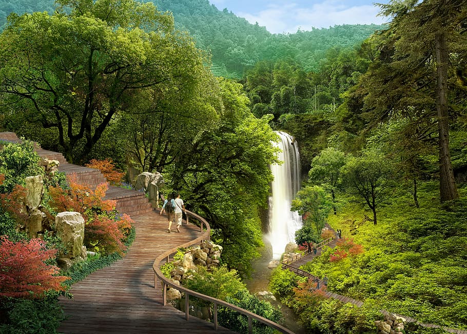 man and woman walking down the park near waterfalls, rendering HD wallpaper