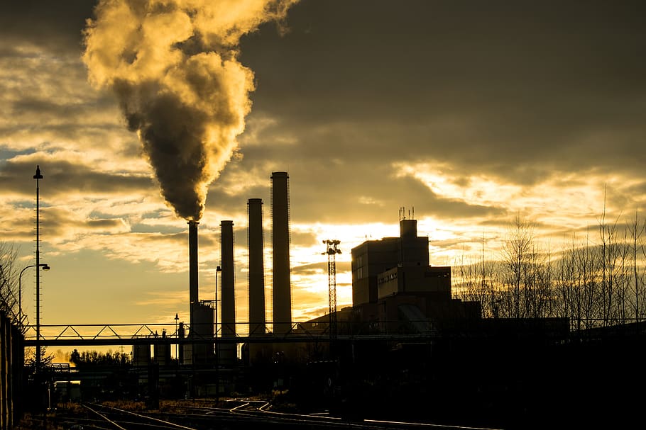 factory, power station, yard, clouds, chimneys, energy, heat production HD wallpaper