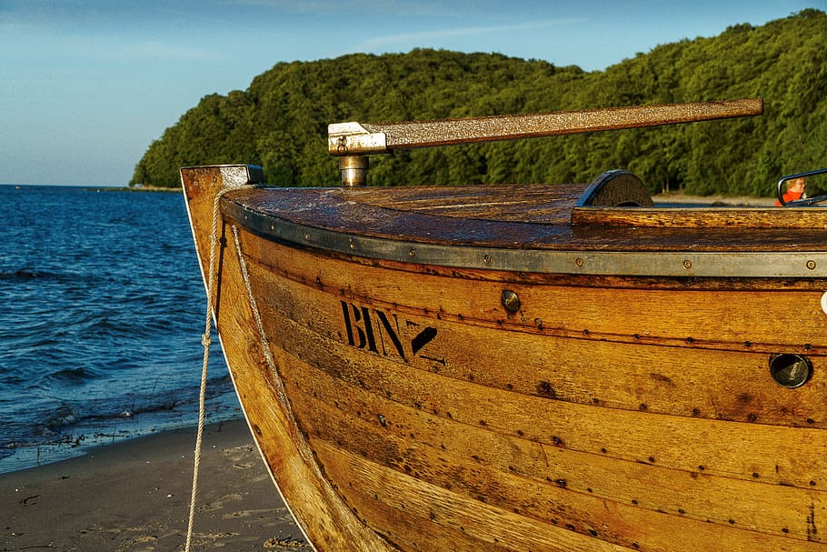boot, binz, abendstimmung, baltic sea, wood, water, beach, trees HD wallpaper