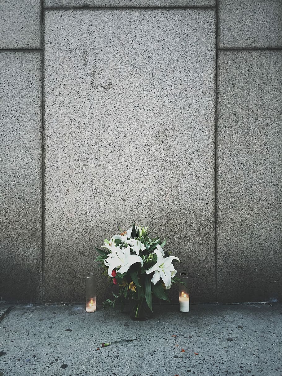 white flowers on floor, white petaled flowers in vase between lit candles in front of concrete wall HD wallpaper