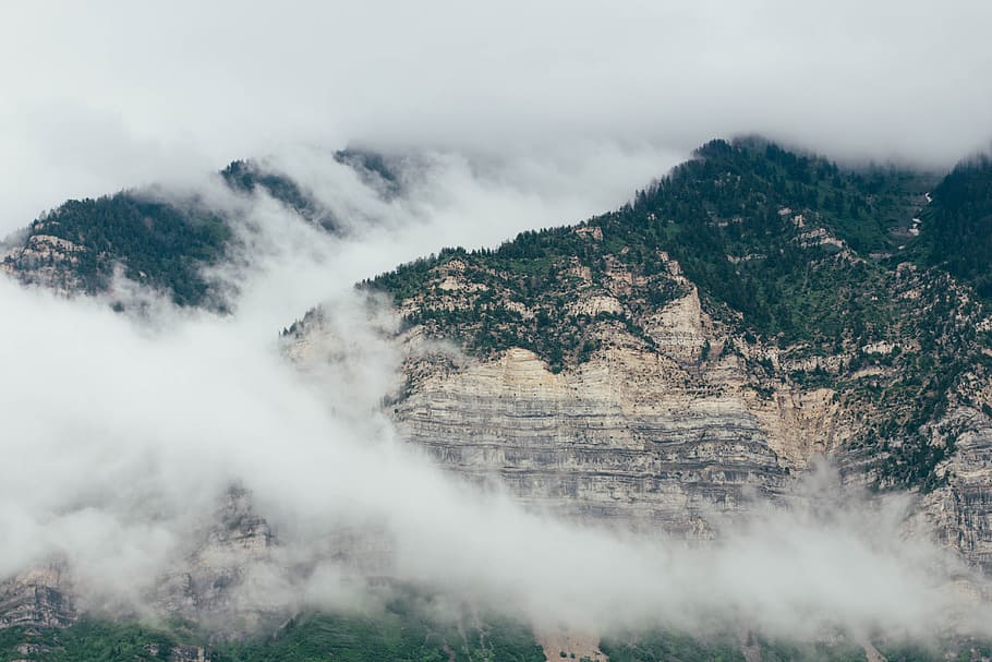 nature, mountains, summit, peaks, fog, clouds, sky, gradient HD wallpaper