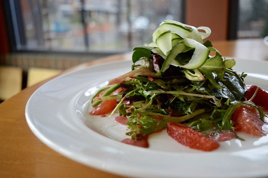 Salad, Cucumber, Fresh, Restaurant, plate, food and drink, indoors HD wallpaper