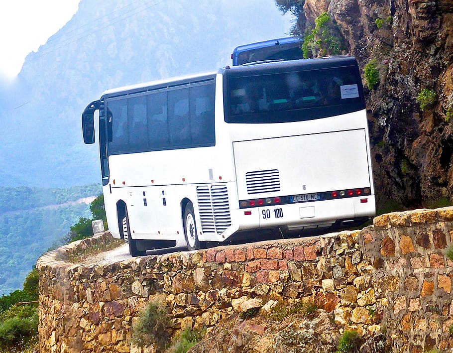 bus, cliff, narrow, corsica, edge, dangerous, mountain, mode of transportation, HD wallpaper