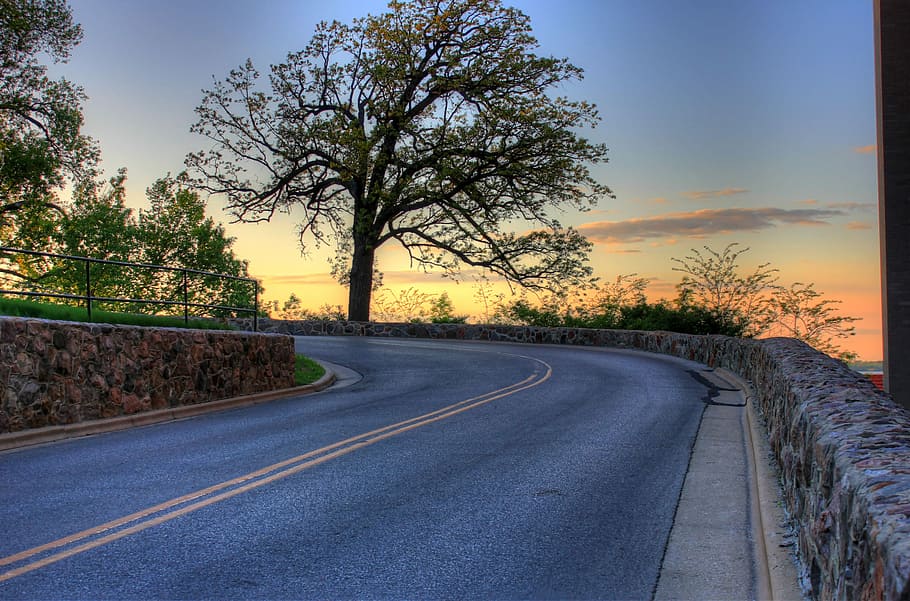 Sunset on the curving road in Madison, Wisconsin, landscape, nature