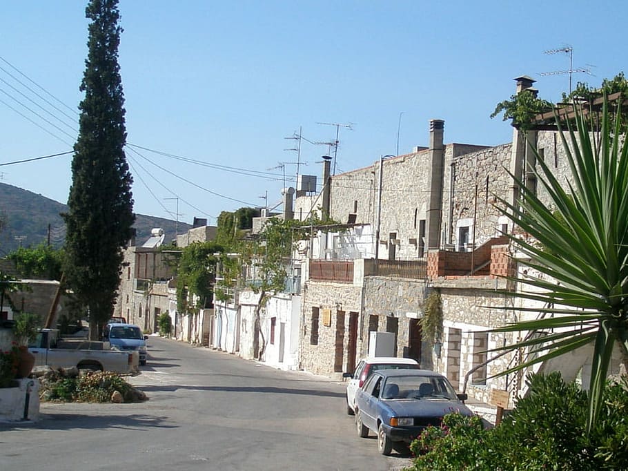 View of the village of Mesta in Chios, Greece, building, car