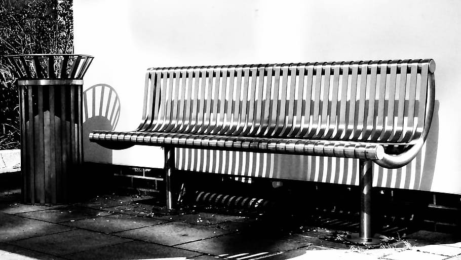 bench, black-and-white, chair, empty, seat, street, trash can HD wallpaper