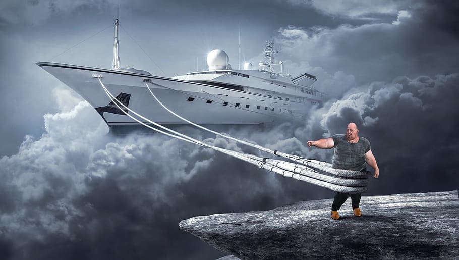man in gray shirt dragging white cruise ship through clouds, fantasy
