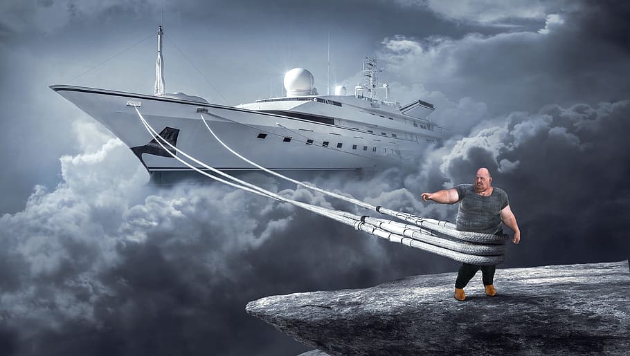 man in gray shirt dragging white cruise ship through clouds HD wallpaper