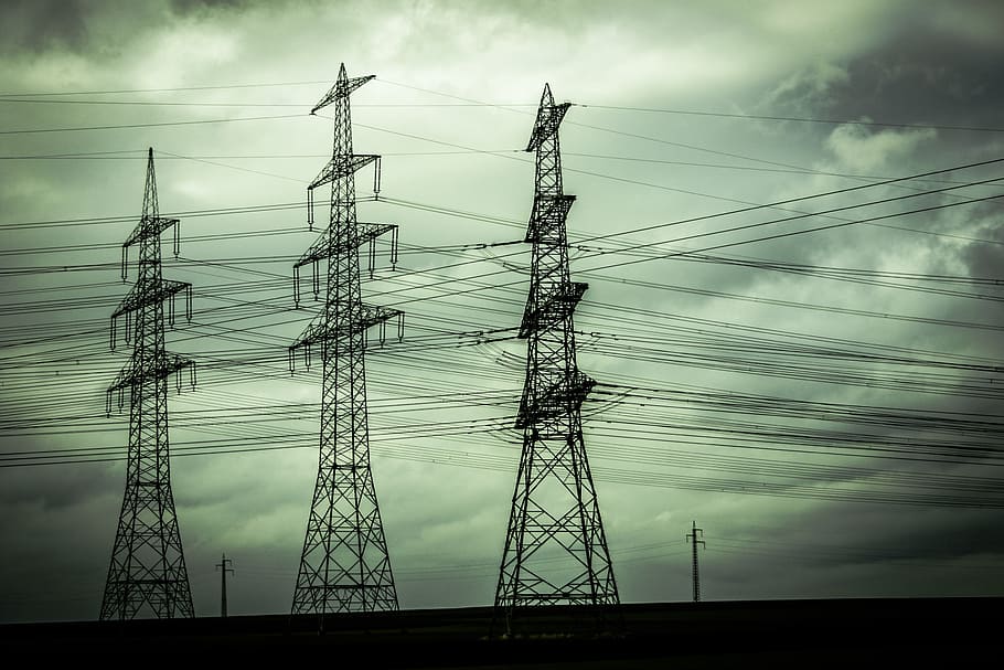 three black metal electricity towers, current, network, networking HD wallpaper